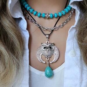 Owl Large Ethnic Silver Pendant Black Cord Boho Hypoallergenic Necklace